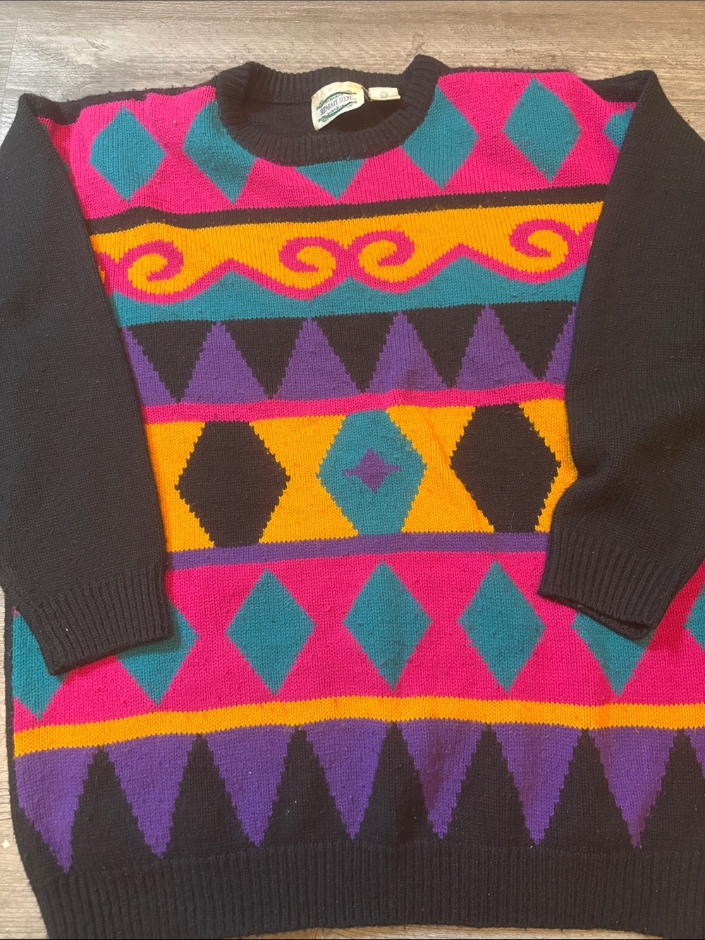 Vintage Colorblock Geometric Crewneck Sweater - Black, Pink, Teal & Gold